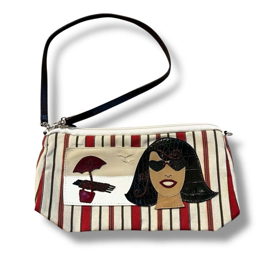 Brighton Wristlet Purse Zipper Pouch Striped Canvas Applique Beach Scene 11"x 6"